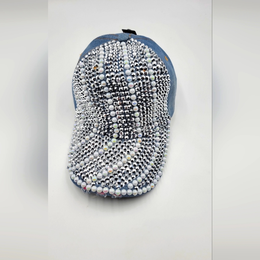 NWT One size fit  denim cap with rhinestones pearls distressed baseball cap